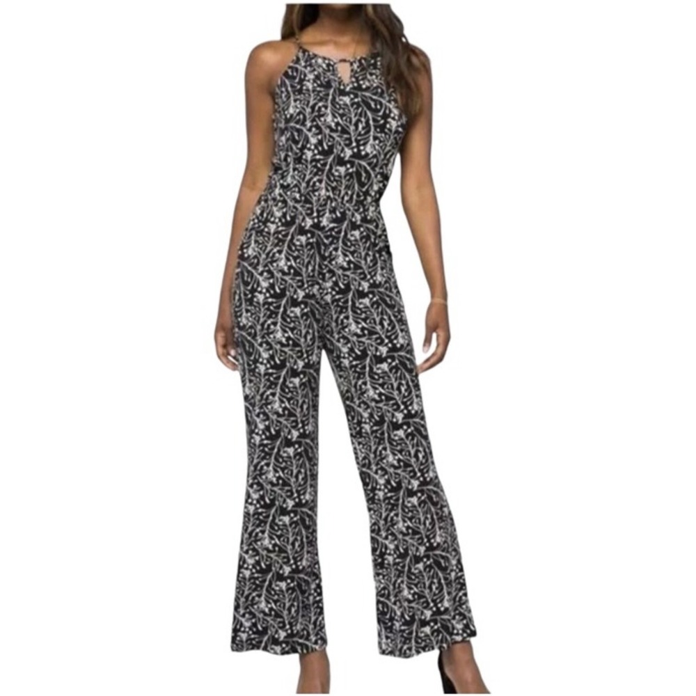 41 Hawthorn Jumpsuit Womens XS Petite Black White Leaf Keyhole Sleeveless